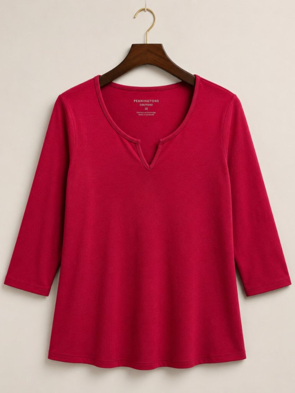 Penningtons 2X Top Soft Cottagecore Sporty Cotton blend Red 3/4 Sleeve Tee Knit